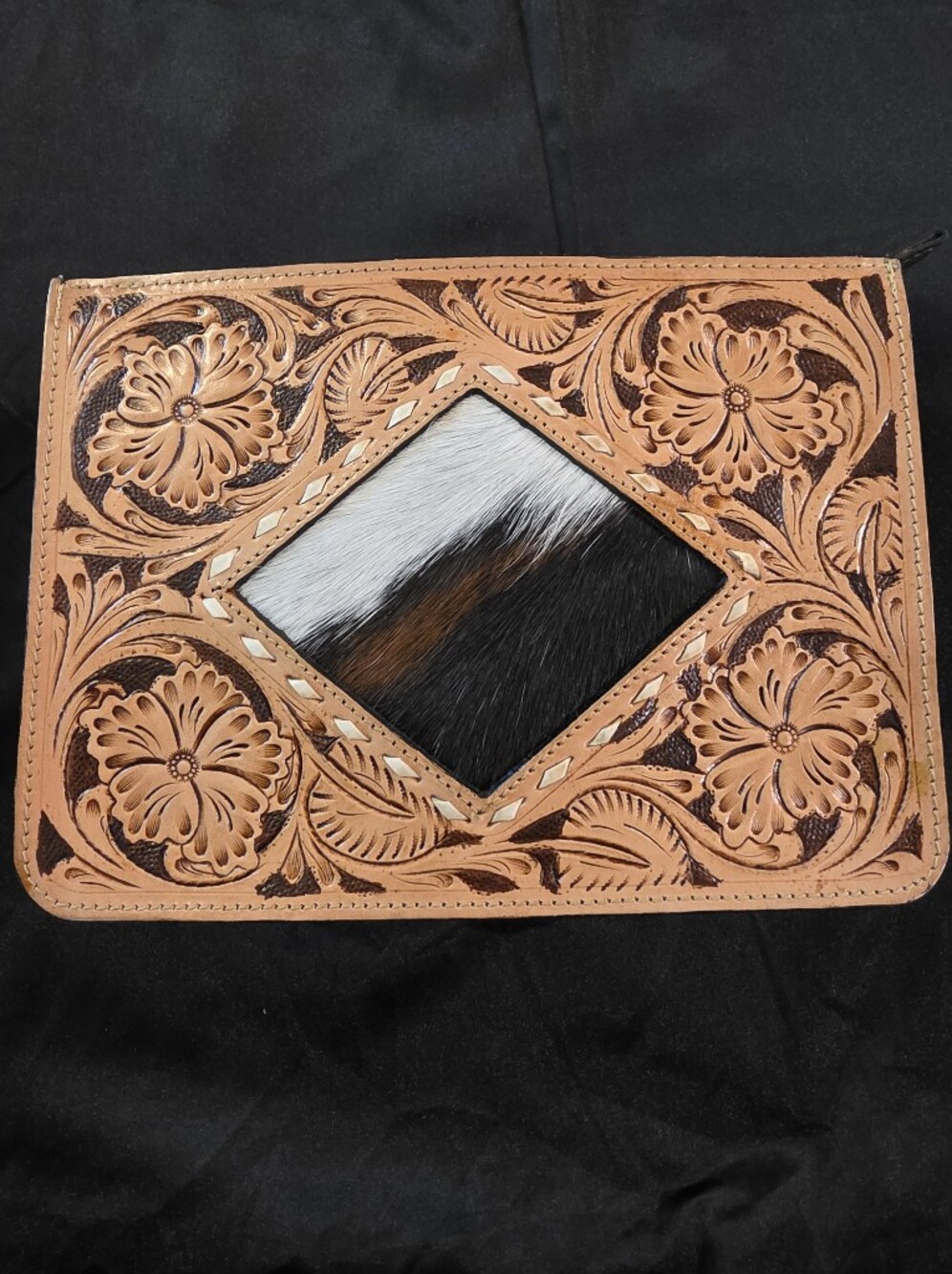 Hand-Tooled Leather  Crossbody Black & White Hair-on Hide